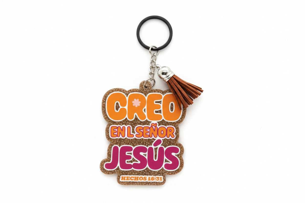 Llavero caucho con glitter. Cree en el Señor Jesús