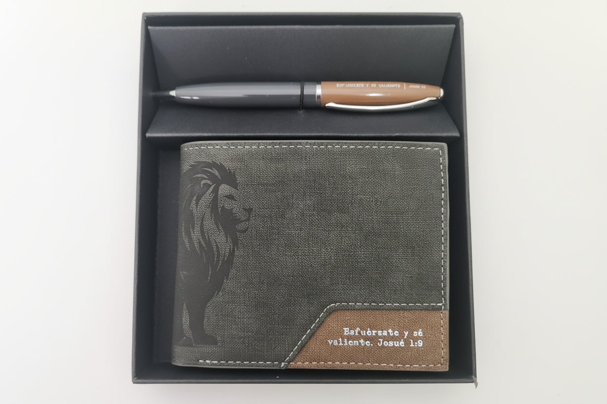 Pack billetera masculina y bolografo. Esfuerzate y se valiente