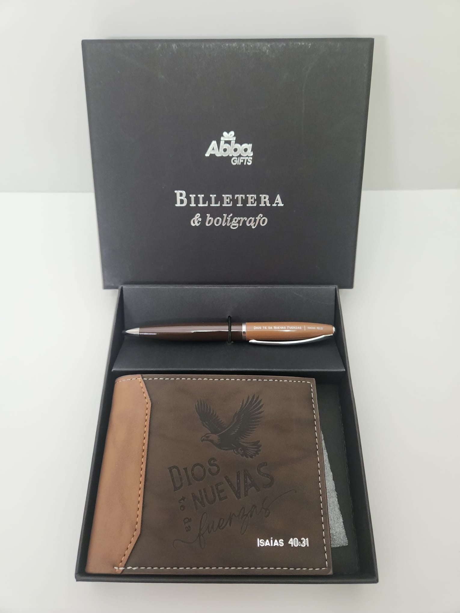 Pack billetera masculina y bolografo. Dios te da nuevas fuerzas