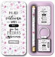 Pack bolígrafo, llavero y tarjeta en caja metálica. Mujer virtuosa